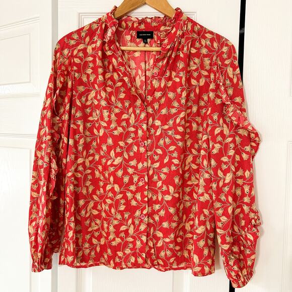 Who What Wear Red Floral High Neck Blouse Ruffle Trim Women’s Size Medium EUC - Picture 2 of 7
